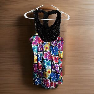 Rampage Womens Blouse Halter Racerback Crochet Beads Satin Retro Y2K Floral L **